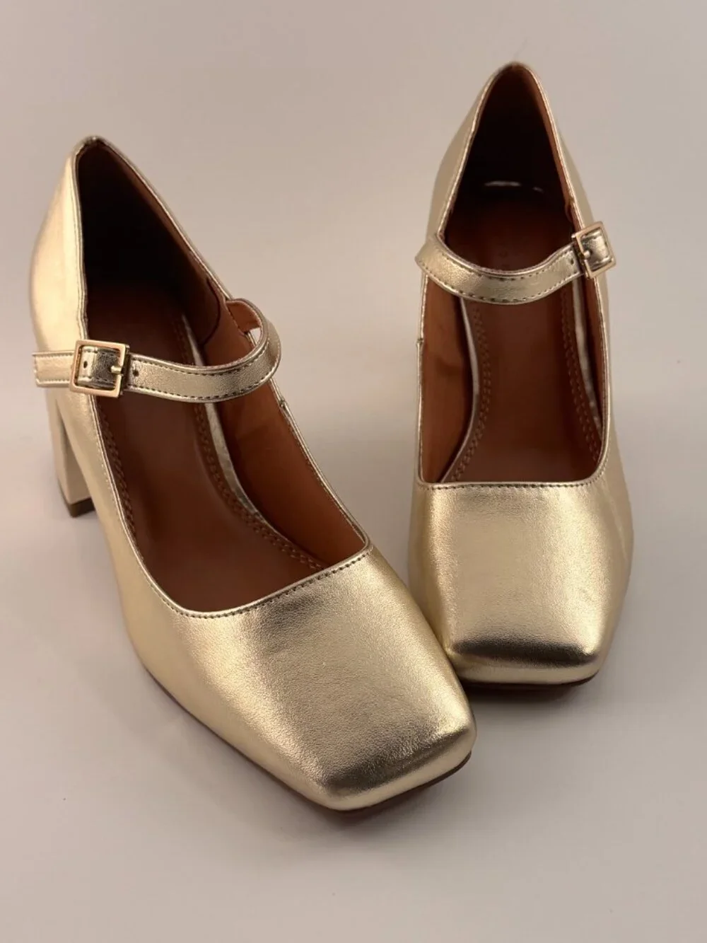 ASOS DESIGN Gold Metallic Mary Jane Block Heels Square Toe Buckle Pumps 7